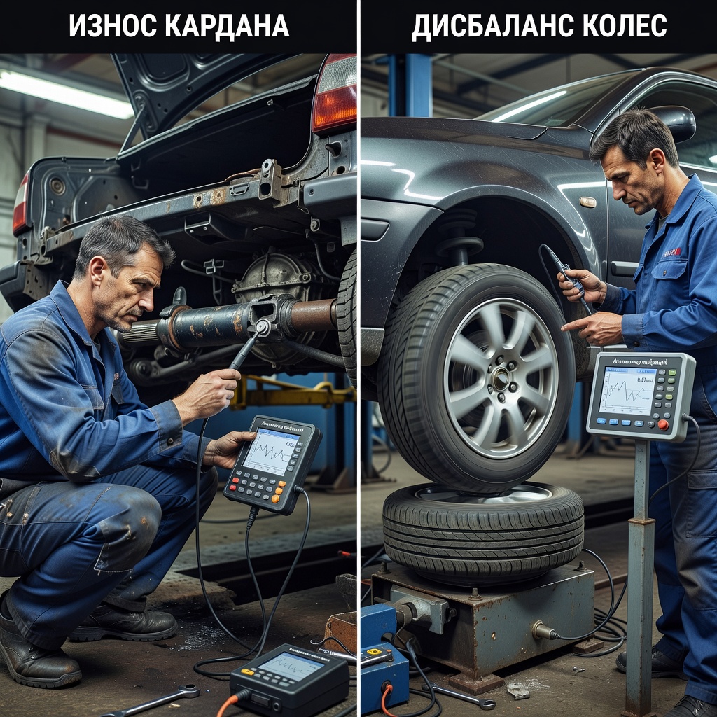 Create a high-quality, relevant image for an article about: Вибрация на скорости: как отличить износ кардана от дисбаланса колес/
Не пиши ничего на фото, либо пишу на русском строго, проверяя все слова